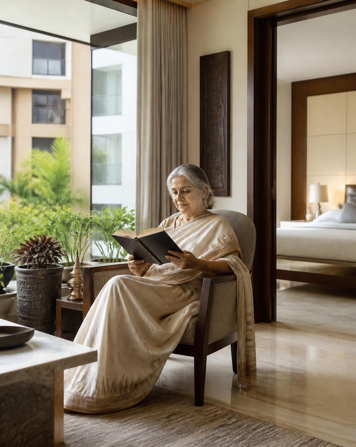 Resident reading in a bright, comfortable Aalam apartment