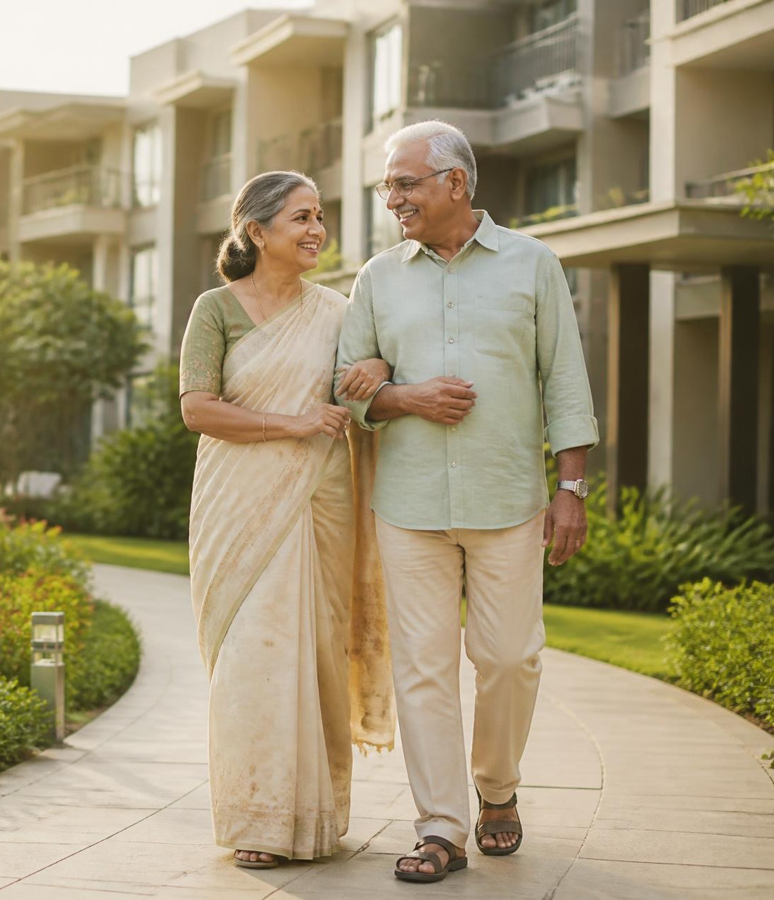 Senior couple walking arm in arm through a landscaped Aalam community