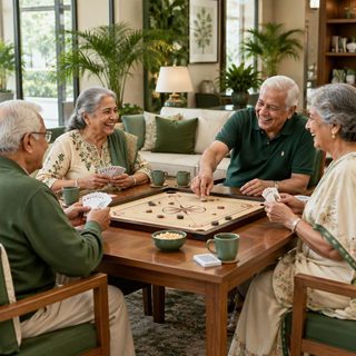 Residents laughing together over an indoor game