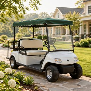 A community buggy parked along a landscaped path