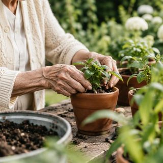 Hands tending young plants in the community garden