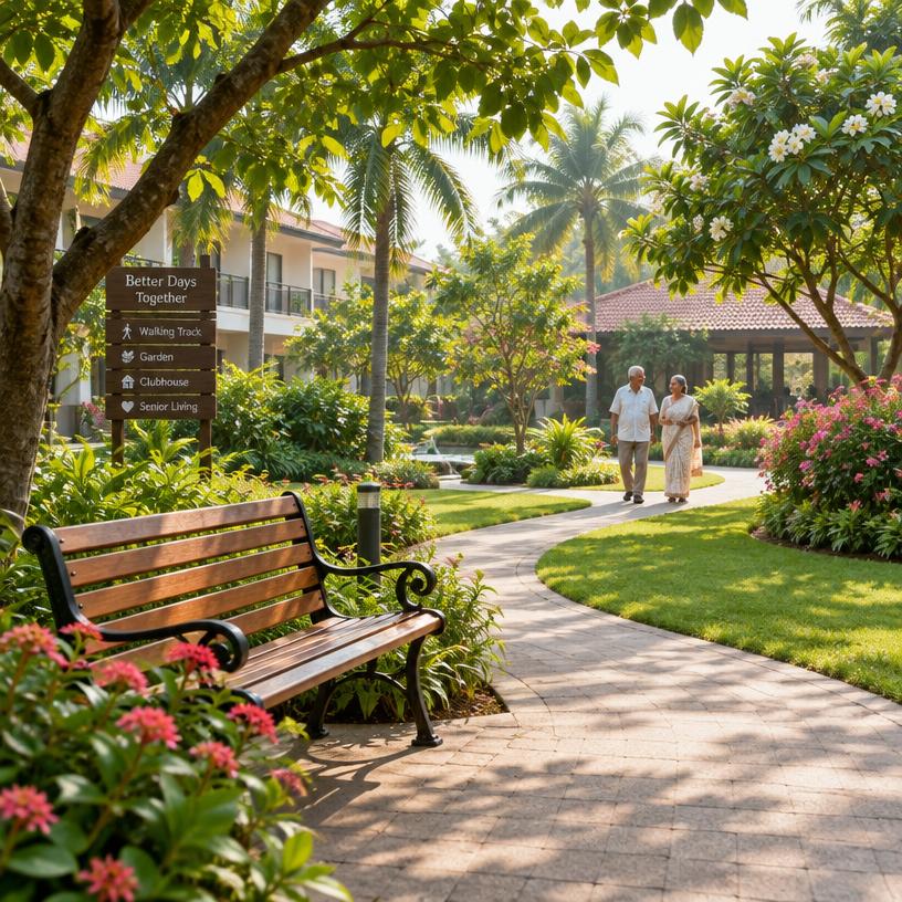 Elderly residents strolling along a tree-lined walking path in the Aalam park