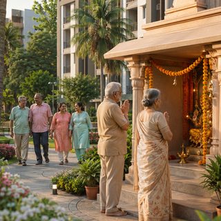 An elderly couple praying at the temple shrine in the Aalam community gardens